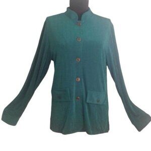 Citiknits S Jacket Teal Long Sleeve Mandarin Collar Button Up Slinky Travel Knit
